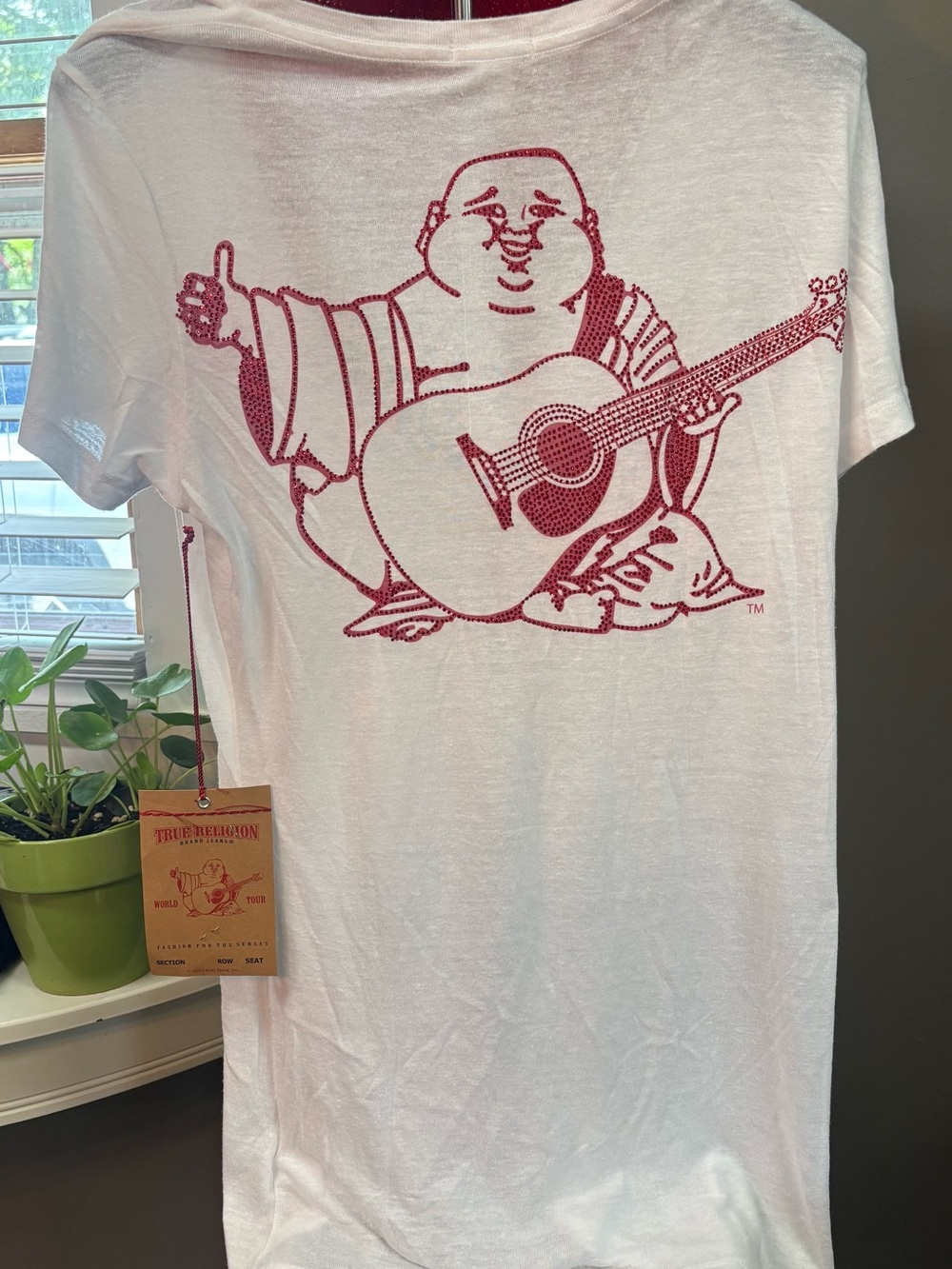 True Religion White T-Shirt with Red Buddha Guitar Graphic Medium